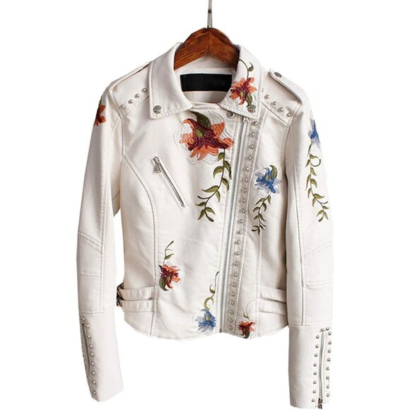 Womens Floral Embroidered Faux Leather PU Moto Beige Jacket Stylish Biker Coat - Picture 4 of 7